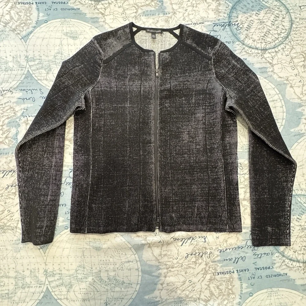 Eileen Fisher Black White Marled Knit Full Zip Collarless Jacket XS Professional